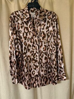 Chico's Pink and Brown Leopard Satin Button-Up Blouse